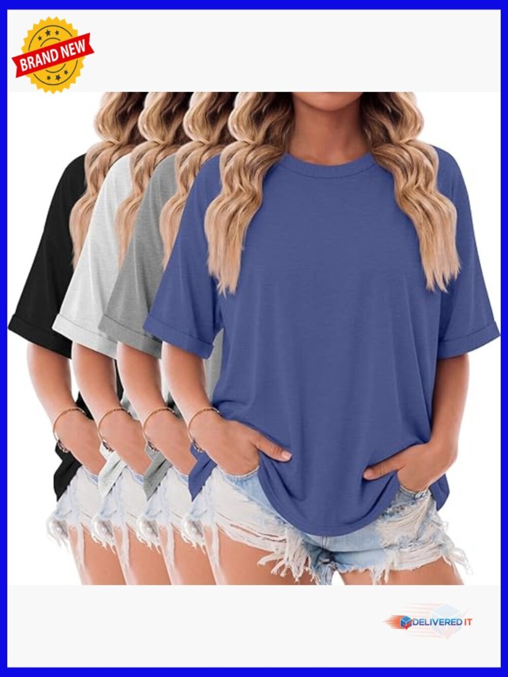 4 Pack Oversized T Shirts Roll Up Short Sleeve Crew Neck Loose Fit Basic Tees